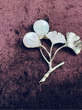 Gold-Tone Ginkgo Branch Brooch with Pearlescent Accents